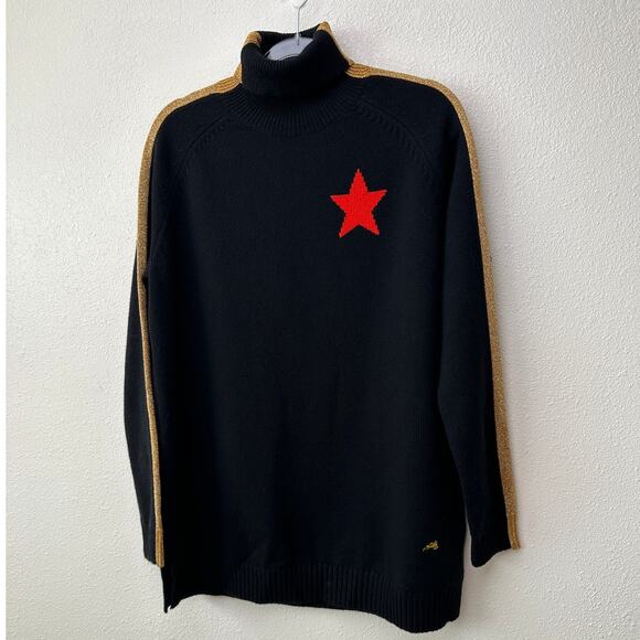 NWT Bella Freud Billie Jean Metallic Gold Stripe Turtleneck Sweater Black M - Picture 2 of 16